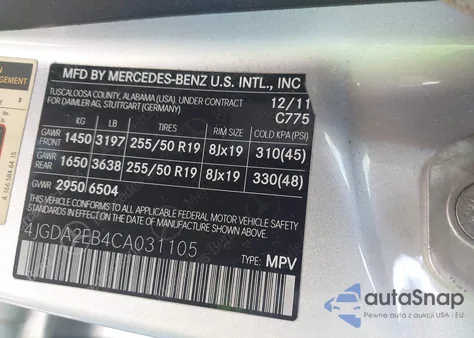 2012 Mercedes-Benz Ml 350 Bluetec 4Matic из США, поврежденный, VIN 4JGDA2EB4CA031105